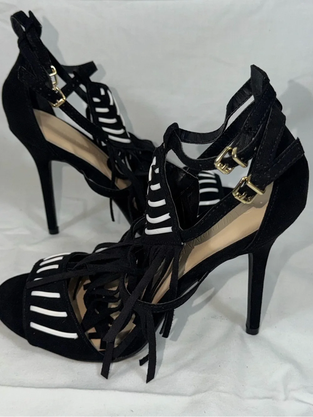 Wild Diva Lounge NWOT Black Fringe Heels Strappy Stiletto Caged Sandals Size 8